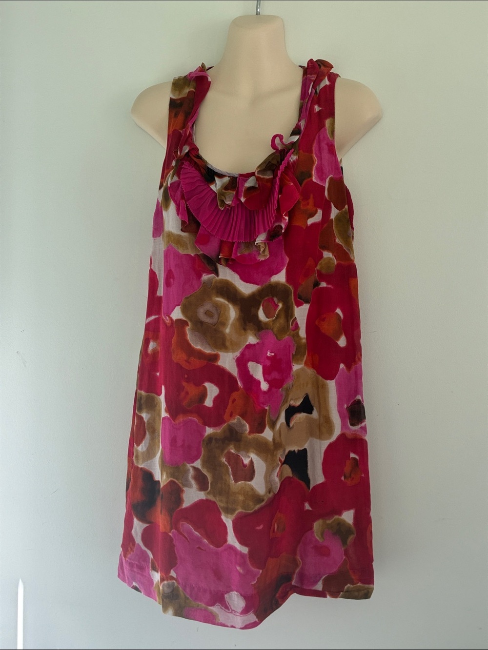Ann Taylor Pink Multi Floral Ruffle Neck Mini Dress Silk Blend